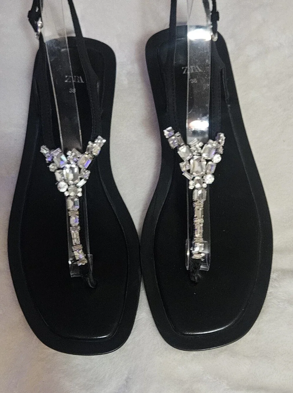 Zara Black Embellished T-Strap Size 38 / 8 Sandals EUC